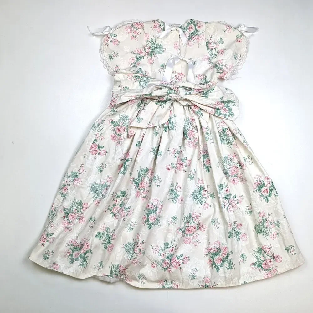 Vintage Handmade Dress Girls Size 10 Cream Floral Party Fancy Dainty Cottagecore